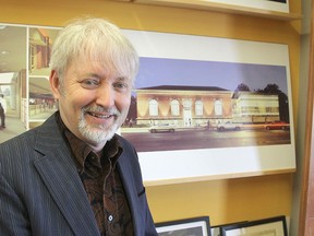 Gerry Shoalts of the architectural firm Shoalts and Zaback stands in front of an illustration showing their design for an addition to a Toronto library that won them a governor general's award for architecture. Michael Lea The Whig-Standard