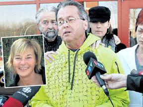 Reg Chimko reads a short statement regarding the life and death of his sister Aileen 'Gina' Robinson outside the St. Albert RCMP detachment on Sunday. (David Bloom, Edmonton Sun)