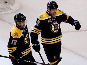 Jarome Iginla (left) and Milan Lucic celebrate a goal in the Bruins’ series-clinching 4-2 win over the Red Wings on Saturday afternoon. The Bruins next face the Canadiens. (USA TODAY SPORTS)
