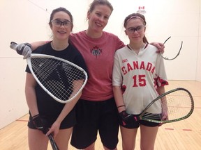 Brandon’s Alexandra Murray (left) and Milana Paddock (right, posing with seven-time national women’s singles champ Jennifer Saunders at a recent Racquetball Manitoba event) have been a force to reckon with on the Manitoba junior racquetball scene since being teamed up two years ago. SUBMITTED PHOTO
