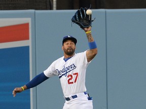 Los Angeles Dodgers centre fielder Matt Kemp (27) makes an out in the first inning of the game against the Philadelphia Phillies at Dodger Stadium. (Jayne Kamin-Oncea-USA TODAY Sports)