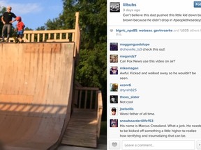 A screengrab of the video posted to Instagram, that shows a man pushing a child off a skateboard ramp. (Instagram)