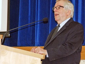 David Booth, Professor Emeritus of the Ontario Institute for Studies in Education at the University of Toronto, speaks about engaging students to think critically about what they read to more than 350 teachers from the Palliser Regional Schools district at the Cultural-Recreational Centre on Monday, April 28.