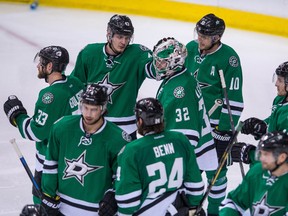 The Dallas Stars leave the ice after losing in overtime to the Anaheim Ducks on Sunday. (USA TODAY SPORTS)