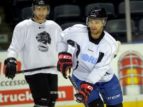 Toronto Maple Leaf forward Nazem Kadri skates with his former junior team the London Knights during practice at the Budweiser Gardens on Monday April 28, 2014. Kadri is preparing to play for Canada in the upcoming World Championships. At left is Knights forward Ryan Rupert

MORRIS LAMONT / THE LONDON FREE PRESS / QMI AGENCY