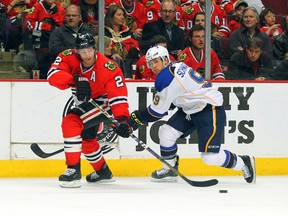 Chicago Blackhawks defenceman Duncan Keith makes a pass during a first-round game against the St. Louis Blues. (Dennis Wierzbicki/USA TODAY Sports)