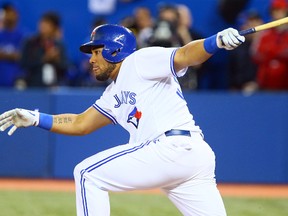 Blue Jays’ Melky Cabrera needs one hit on Tuesday against the Royals to establish a club record for most hits during March/April. Cabrera is riding a 10-game hitting streak. (DAVE ABEL/TORONTO SUN)