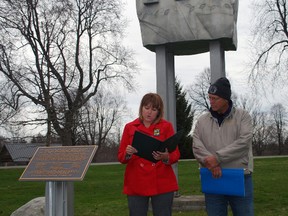 St. Thomas Mayor Heather Jackson reads an official proclamation marking the National Day of Mourning for workers who have died, been injured or suffer work-related illness. With Jackson at Pinafore Park is David Kerr, president of the St. Thomas and District Labour Council. Ben Forrest/Times-Journal