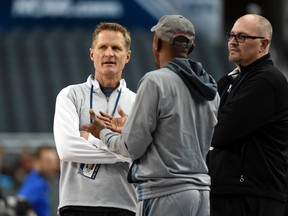 Steve Kerr (left) in attendance during Kentucky Wildcats practice before the semifinals of the Final Four in the 2014 NCAA Mens Division I Championship tournament at AT&T Stadium on Apr 4, 2014 in Arlington, TX, USA. (Robert Deutsch/USA TODAY Sports)