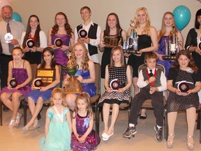 Among the award recipients at the annual Chatham Skating Club banquet, were, back row, from left: Laura Wrigglesworth-Smith, Paul Robinson, Katelyne Clackett, Paige Newman, Chase Ireland-Heidt, Candice LaBute, Merissa Sluys, Jade Parker, Sharmeen Kukkadi. Middle row: Elyse Gregory, Gabrielle Doey, Olivia Stallaert, Sydney Hart, Nathan Holdaway, Emma McGrail, Hannah Ross. Front row: Breanna Boundy, Rowan Morand. Absent: Cindy Pereira, Isabella Bechard.