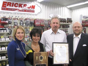 Erickson Manufacturing Ltd. at Kent Bridge is the Industry of the Month for April. Connie and Brent Erickson are flanked by, at the left, Sarah Callow, chair-elect for the Chatham-Kent Chamber of Commerce; and at the right, Leon Leclair, representing the Municipality of Chatham-Kent.
