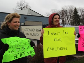 Coronation Park workers Maggie McGrath, Erin Trepanier and Sherry Wood picket outside the county-run day care centre Tuesday. A standing committee of county council recently endorsed a staff report to shutter the daycare effective Sept. 1. Full council will now discuss the issue at its meeting May 8. (BARBARA SIMPSON/THE OBSERVER/QMI AGENCY)