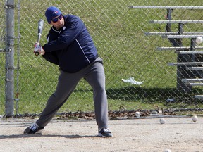 Sarnia Braves pitcher Nick Baljeu takes batting practice at Germain Park on Sunday, April 27. The Braves had a number of pitchers and catchers out for a light workout just one week ahead of their season opening game against the Tecumseh Thunder. The Braves open their season on Sunday, May 4 at Errol Russel Park. First pitch is set for 2:00 p.m. (SHAUN BISSON/THE OBSERVER/QMI AGENCY)