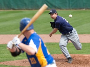 London Majors pitcher Kody Bradley releases the ball as he pitches against Michigan Jet Box batter Nick Smith during their exhibition baseball game at Labatt Park in London, Ontario on Sunday April 27, 2014.  The Majors defeated the Jet Box 9-2.  The Majors will host the Kitchener Panthers for their home opener on Friday May 16 at Labatt Park.
CRAIG GLOVER/The London Free Press/QMI Agency