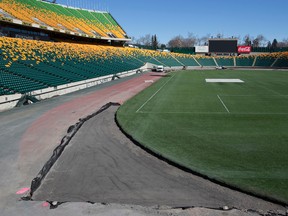 Work has begun to remove the curved corners of the Commonwealth end zone in order to improve player safety, and accommodate the FIFA requirements for the upcoming world cup tournaments. (Ian Kucerak, Edmonton Sun)