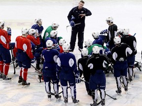 Head Coach Derek Laxdal leads an Oil Kings team practice at Rexall Place in preparation for the WHL final. The team left for Portland on Thursday. (David Bloom, Edmonton Sun)