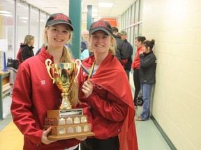 Tillsonburg's Victoria Hanson and Allison Sage with the U19 A Eastern Canadian Ringette Championship Trophy.