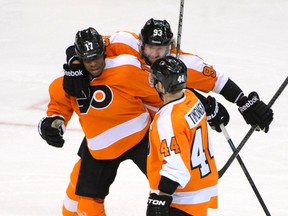 Philadelphia Flyers right winger Wayne Simmonds celebrates his power play goal with right winger Jakub Voracek and defenceman Kimmo Timonen against the New York Rangers during the first period in Game 6 at Wells Fargo Center. (Eric Hartline/USA TODAY Sports)