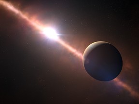 This artist's view shows the planet orbiting the young star Beta Pictoris. This exoplanet is the first to have its rotation rate measured. Its eight-hour day corresponds to an equatorial rotation speed of 100 000 kilometres/hour, much faster than any planet in the Solar System.

AFP PHOTO / ESO - L. Calcada / N. Risinger