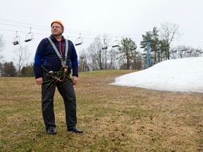 Greg Strauss, a member of the Boler Mountain management team, sports a harness and helmet as the ski hill transitions to warmer climate activities Wednesday following the best ski season yet in London. (CRAIG GLOVER, The London Free Press)