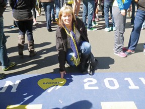 Carolyn Johnson at the finish line of this year's Boston Marathon prior to race day.