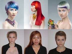 An 'after and before’ collage of model photos from Tillsonburg stylist Rossa Jurenas’s The Mirror Awards Colourist of the Year victory Saturday, April 5 in Toronto’s Convention Centre.