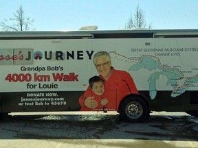 The journey to fight Duchenne muscular dystrophy continues starting May 12 in Quebec City as Londoner Bob Facca, grandfather of six-year-old Louie Facca who has Duchenne, kicks off his seven-month Grandpa Bob?s Walk across Quebec and Ontario. (Submitted Photo)