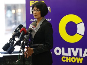 Toronto mayoral candidate Olivia Chow discusses the Rob Ford delevopments at her campaign headquarters at Yonge and St Clair in Toronto on Thursday, May 1, 2014. Michael Peake/Toronto Sun/QMI Agency