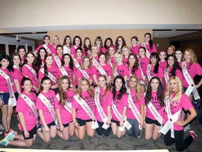 Gino Donato/The Sudbury Star
A total 46 delegates of the Miss North Ontario Regional Canada Pageant pose for a photo Thursday afternoon. The event this weekend will host 46 regional finalists from across Northern Ontario. The preliminary talent show goes today at 8 p.m., with the final gala and crowning going Saturday, 8 p.m. Both events are at the Fraser Auditorium, Laurentian University. Tickets are available at door.