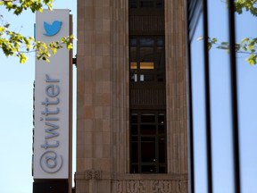 The Twitter logo is pictured at its headquarters on Market Street in San Francisco, Calif., April 29, 2014. The company is to report first quarter earnings after market close. REUTERS/Robert Galbraith