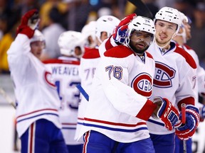 Subban #76 of the Montreal Canadiens celebrates his game-winning power play goal with his teammates in the second overtime period against the Boston Bruins in Game 1 of the second round of the 2014 NHL Stanley Cup Playoffs on May 1, 2014 in Boston, Massachusetts.   (Jared Wickerham/Getty Images/AFP)