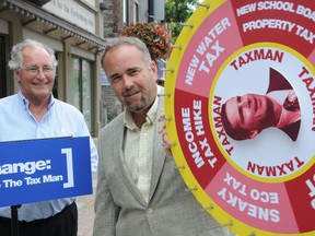 Prince Edward-Hastings PC candidate Todd Smith spins the "Wheel of Tax" while MPP Ted Chudleigh watches during a press conference on Front Street in Belleville, ON on Wednesday, Aug. 24, 2011.
W. BRICE MCVICAR/INTELLIGENCER FILE PHOTO