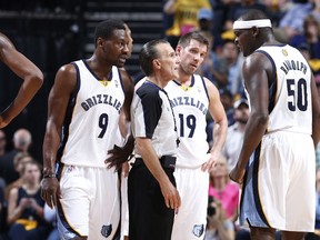 Zach Randolph #50 of the Memphis Grizzlies argues with a referee after being called for a foul against the Oklahoma City Thunder during Game Six of the Western Conference Quarterfinals of the 2014 NBA Playoffs on May 1, 2014 at FedEx Forum in Memphis, Tennessee. (Joe Robbins/Getty Images/AFP)