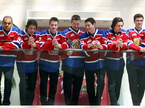 The Edmonton Oil Kings (L-R, Klarc Wilson, Ashton Sautner, Stephane Legault, Curtis Lazar, Tristan Jarry, Cocy Corbett and TJ Foster) are presented to the public during rally at City Hall in Edmonton, Alberta on May 29, 2012.  PERRY MAH.EDMONTON SUN  QMI AGENCY