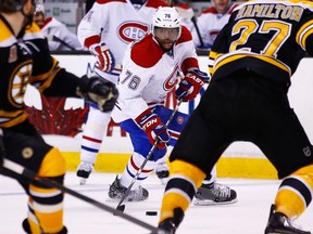 P.K. Subban of the Montreal Canadiens carries the puck into the offensive zone against the Boston Bruins in the second period in Game 2 at TD Garden on May 3, 2014. (Jared Wickerham/Getty Images/AFP)
