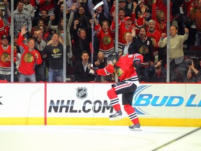 Chicago Blackhawks right wing Patrick Kane celebrates scoring against the Minnesota Wild during Game 1 of their playoff series. Chicago won 5-2. (Dennis Wierzbicki-USA TODAY Sports)