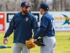 Winnipeg Goldeyes Jacob Blackwood (left) and Amos Ramon try to stay loose during training camp at Shaw Park in Winnipeg, Saturday, May 3, 2014. The Goldeyes will take on the University of Winnipeg Wesmen in an exhibition game, Sunday. May 4, 2014, at 1:30 p.m., at Shaw Park. JEFF MILLER/Winnipeg Goldeyes