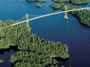 This aerial shows the Canadian span of the Thousand Islands Bridge and surrounding St. Lawrence River islands. The Thousand Islands National Park visitor centre at Mallorytown Landing may soon have Wi-Fi capability (Photo courtesy of 1000 Islands International Tourism Council).