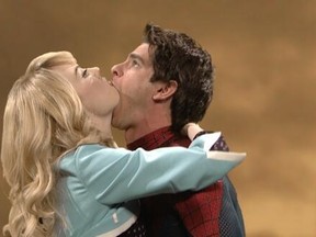 Andrew Garfield and Emma Stone during one of their romantic moments on SNL last night.