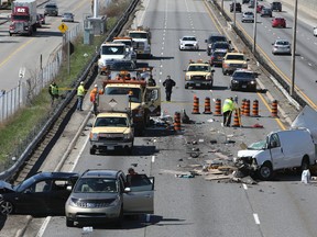 A man died in an accident at the QEW and Cawthra Rd. All eastbound lanes were shut down while emergency personnel attended to the scene. (DAVE THOMAS. Toronto Sun)