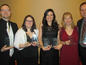 Observer staff won two Ontario newspaper awards, and were finalists in three other categories at the 60th annual Ontario Newspaper Awards held in Hamilton Saturday night. Pictured from left are Jack Poirier, Barbara Simpson, Tara Jeffrey, Cathy Dobson and Tyler Kula. SHAWN JEFFORDS/QMI AGENCY