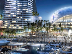 An artist's rendering shows a view from Biscayne Bay into the Stadium Plaza at the proposed site for David Beckham's Major League Soccer (MLS) expansion club, in Miami, Florida.  (REUTERS)
