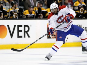 Montreal Canadiens defenseman P.K. Subban (76) takes a shot on goal during the first period against the Boston Bruins in game one of the second round of the 2014 Stanley Cup Playoffs at TD Banknorth Garden on May 1, 2014 in Boston, MA, USA. (Greg M. Cooper-USA TODAY Sports)