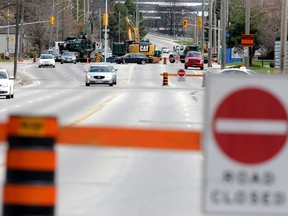 This will be the sight facing London commuters heading east on Riverside Dr.  Monday as they approach Wharncliffe Rd. The intersection is closed so city crews can complete emergency sewer repairs. (Mike Hensen/The London Free Press)