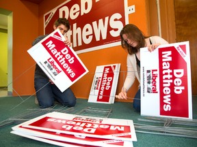 Brock Ceci and Kerry Waddell start to assemble Deb Matthews? lawn signs as the provincial campaigns kick into gear. The two workers were at the Matthews campaign office on Sunday  (Mike Hensen/The London Free Press)