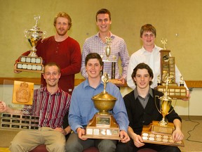 The Sarnia Legionnaires Jr. 'B' hockey club held its annual awards banquet Saturday. Shown here are, seated from left: Spirit Award winner Bobby King, Peoples Choice Award recipient Thomas Moxley and Outstanding Playoff Performer Davis Boyer. Back row, same order: Best Defenceman Curtis Crombeen, Most Dedicated Player Sean Parker and Rookie-of-the-Year Jordan Fogarty. Not shown: Josh Kestner, who won the Leading Scorer and Most Valuable Player Awards and Jay Clarke and Brad Campbell, who shared the Most Improved Player trophy. Three people (Penny Lilley and Jeff Percival and Pam Percival) shared the Volunteer-of-the-Year award. (Submitted photo)