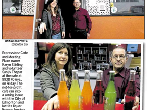 Expressionz Cafe and Meeting Place owner Karyn Stirling and volunteer Sanjiv Thapar at the cafe at 9938 70 Ave., on Friday. The not-for-profit cafe ran into a zoning issue with the City of Edmonton and lost its liquor licence, forcing a reduction in staff. (Ian Kucerak / Edmonton Sun)