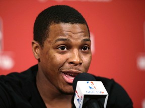 Raptors' Kyle Lowry speaks to the media on locker clean out day on Monday. (CRAIG ROBERTSON/Toronto Sun)