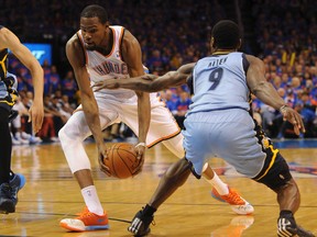 Oklahoma City Thunder forward Kevin Durant (35) drives to the basket against Memphis Grizzlies guard Tony Allen (9) during the fourth quarter in game seven of the first round of the 2014 NBA Playoffs at Chesapeake Energy Arena. (Mark D. Smith-USA TODAY Sports)
