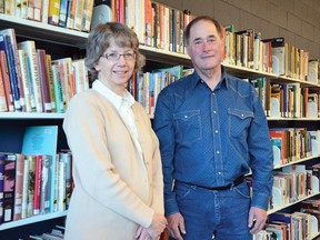 Librarian Janice Day (left) brought author Tyler Trafford (right) to the Pincher Creek Library for a speaker series last week. Trafford spoke about everything from his writing process to his recent book, "Almost A Great Escape", which is up for three Alberta book awards. John Stoesser photo/QMI Agency